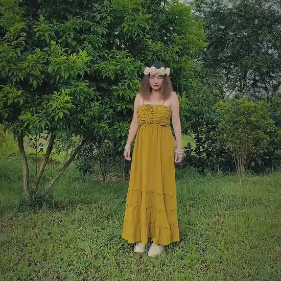 Olive Mustard Boho Maxi Dress - PIKARU FASHION