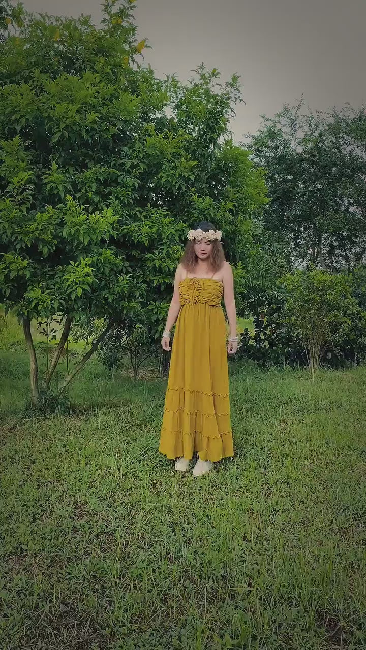 Olive Mustard Boho Maxi Dress - PIKARU FASHION