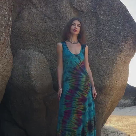 Boho Tie Dye Maxi Dress Teal Rainbow Rayon Sleeveless Summer Dress - PIKARU FASHION