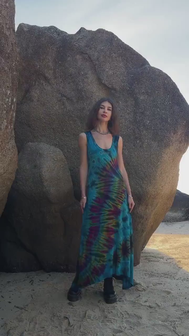 Boho Tie Dye Maxi Dress Teal Rainbow Rayon Sleeveless Summer Dress - PIKARU FASHION