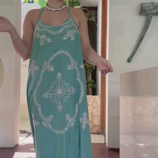 Sage Green Maxi Dress: Embroidered Sequin Boho Goddess Gown - PIKARU FASHION