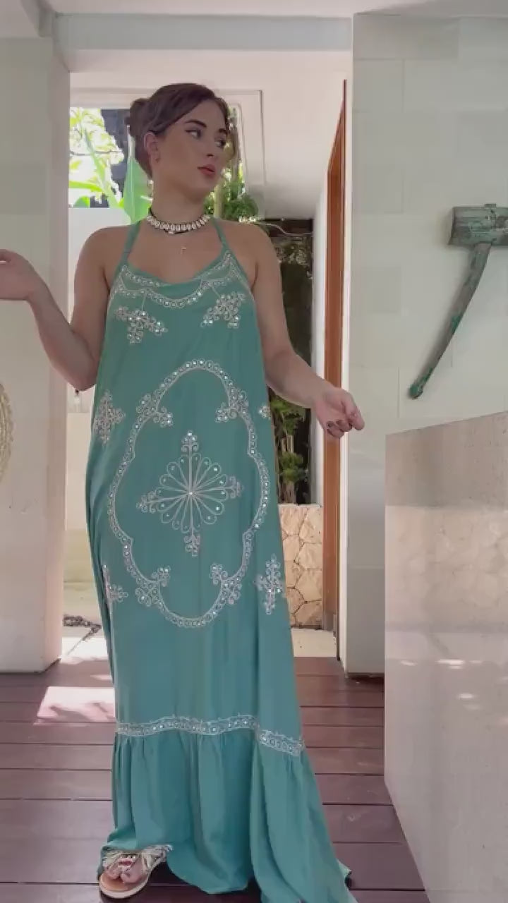 Sage Green Maxi Dress: Embroidered Sequin Boho Goddess Gown - PIKARU FASHION