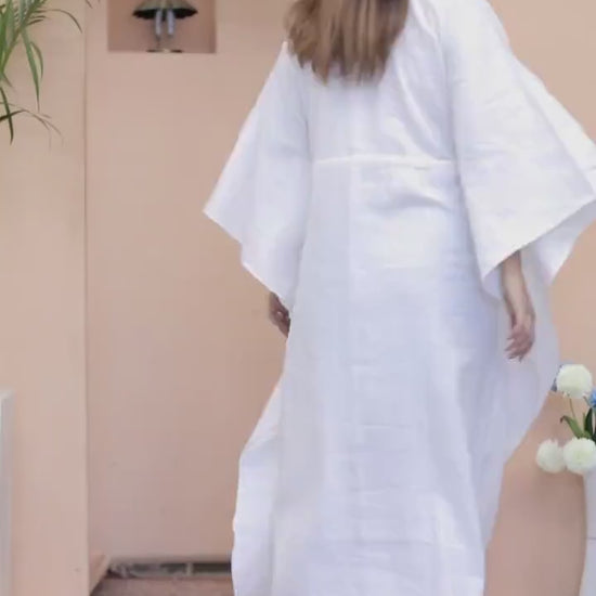 White Linen Maxi Kaftan Dress - PIKARU FASHION