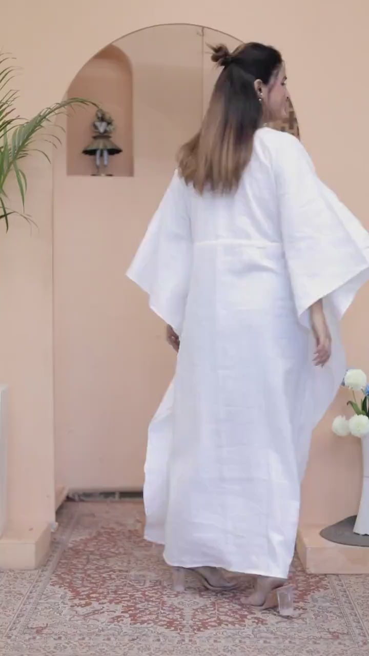 White Linen Maxi Kaftan Dress - PIKARU FASHION