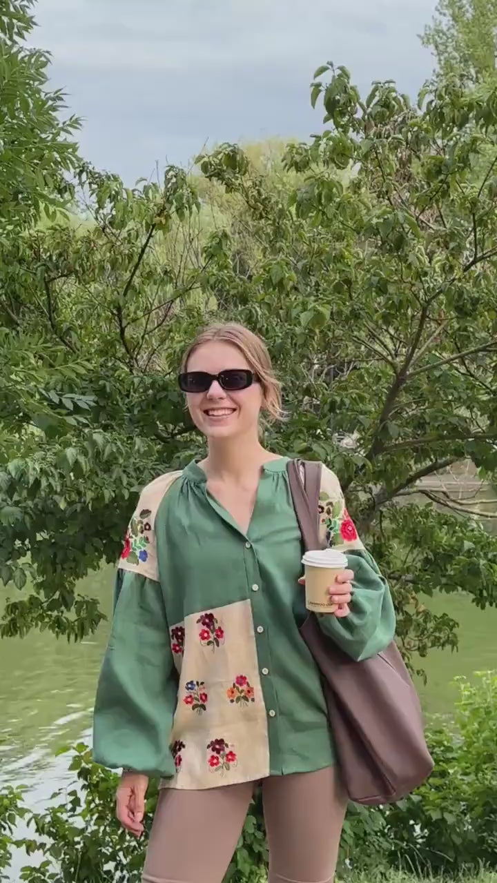 Linen Blouse Floral Embroidery / PIKARU FASHION - PIKARU FASHION