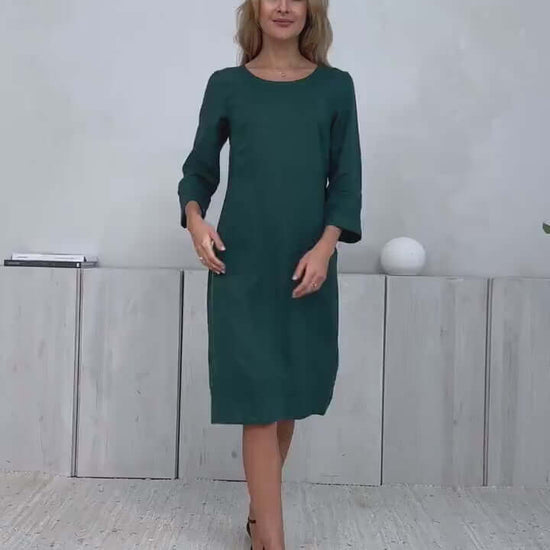 100% Linen midi Dress With Hand Embroidery - PIKARU FASHION