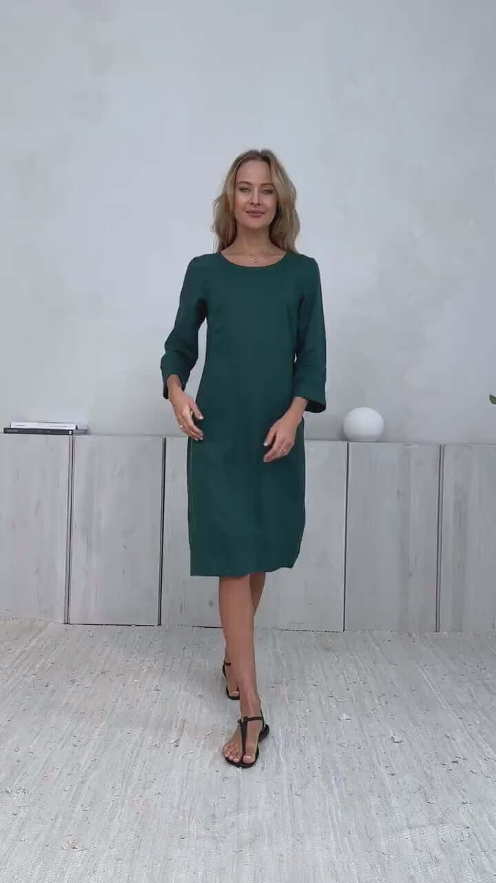 100% Linen midi Dress With Hand Embroidery - PIKARU FASHION