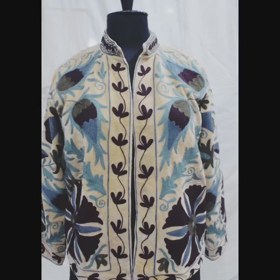 Handcrafted Kashmiri Embroidered Wool Jacket – Beige & Blue Floral Pattern - PIKARU FASHION